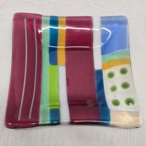 Vintage Fused Glass Multicolor Striped Trinket Dish Vanity Tray Plate Art Deco